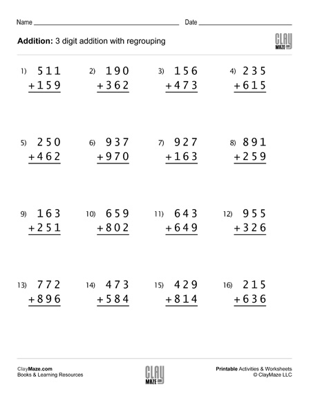 3 digit addition worksheet with regrouping (Set 4) Homeschool Books
