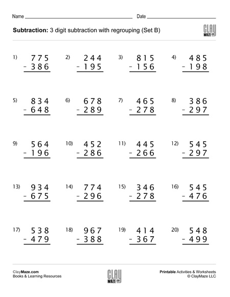 Subtraction Worksheet – 3 Digit Subtraction with Regrouping (Set B
