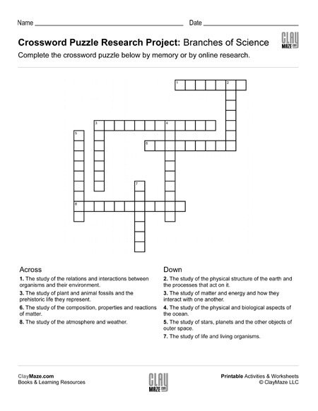 Crossword Puzzle Research Project – Branches of Science – Childrens